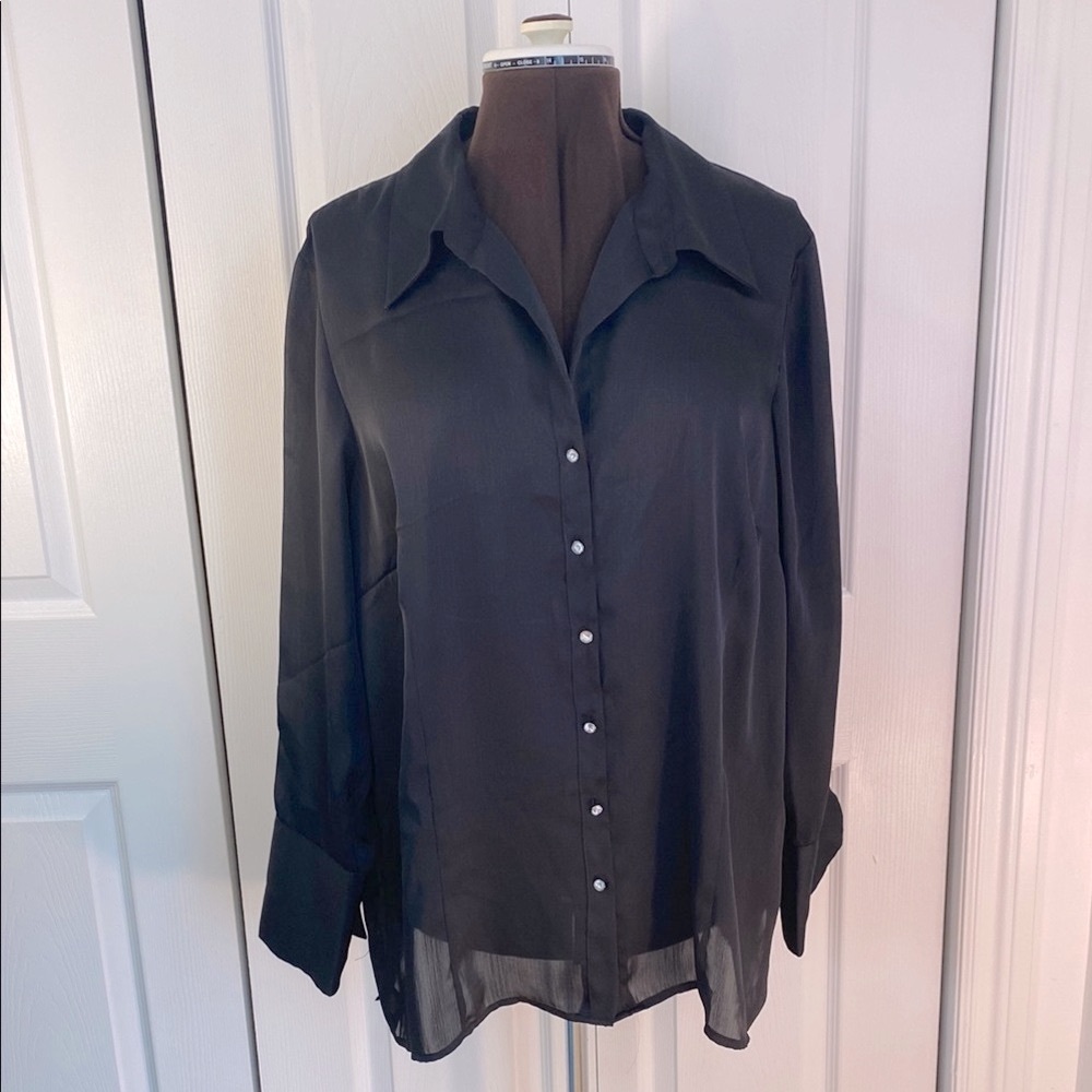 2 for $25 - Jessica Silky Elegant Black Button Down Shirt, 2X Plus